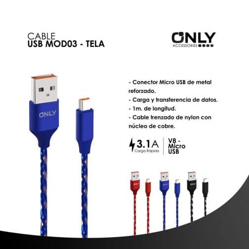 CABLE USB MOD03 - TELA - V8 - AZUL - Imagen 4