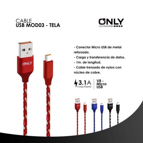 CABLE USB MOD03 - TELA - V8 - ROJO - Imagen 4