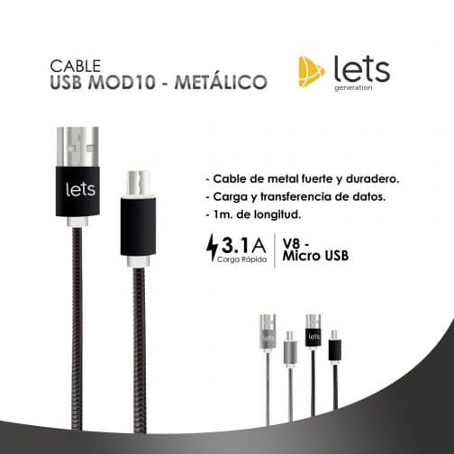 CABLE USB MOD10 - METALICO - V8 - NEGRO - Imagen 4