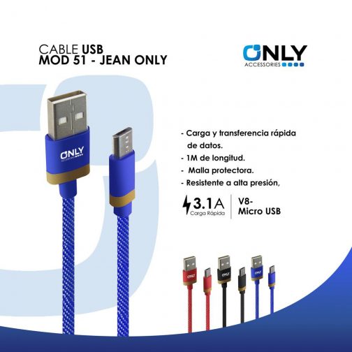 CABLE USB MOD 51 - JEAN ONLY - V8 - AZUL - Imagen 4