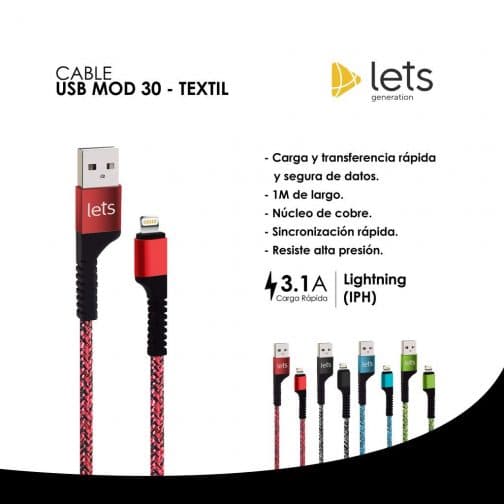 CABLE USB MOD 30 - TEXTIL - IP - ROJO - Imagen 4