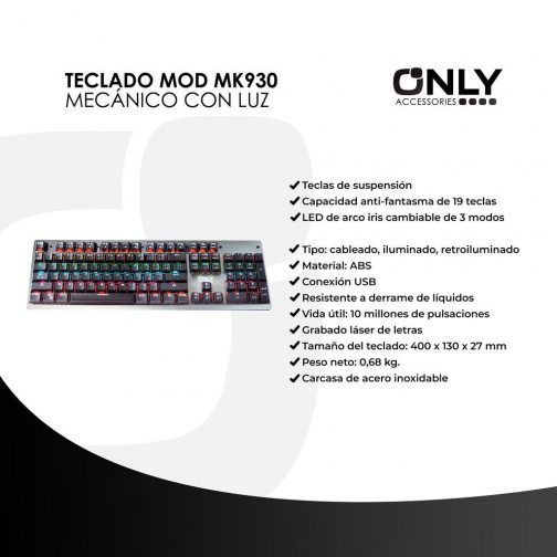 TECLADO MOD MK930 - MECÁNICO CON LUZ - Imagen 3