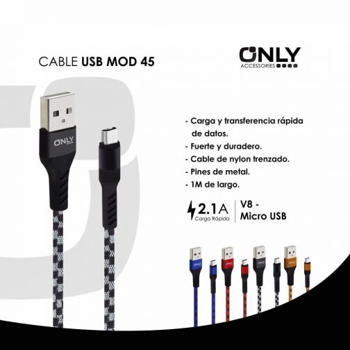 CABLE USB MOD 45 -V8 - NEGRO 2.4 AMP - Imagen 3