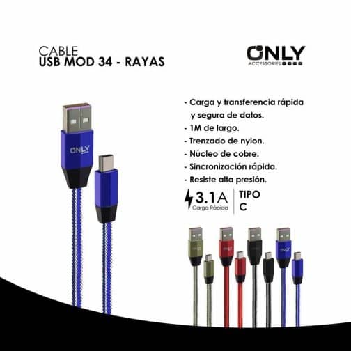 CABLE USB MOD 34 - RAYAS - TIPO C - 3.1 Amp AZUL - Imagen 4