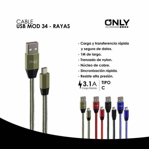 CABLE USB MOD 34 - RAYAS - TIPO C - 3.1 Amp MARRON - Imagen 4