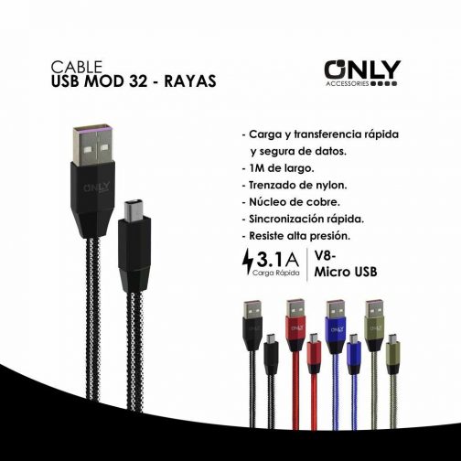 CABLE USB MOD 32 - RAYAS - V8 - NEGRO - Imagen 4