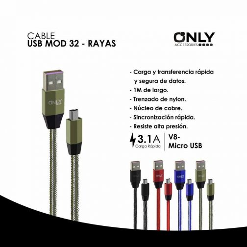 CABLE USB MOD 32 - RAYAS - V8 - MARRON - Imagen 4