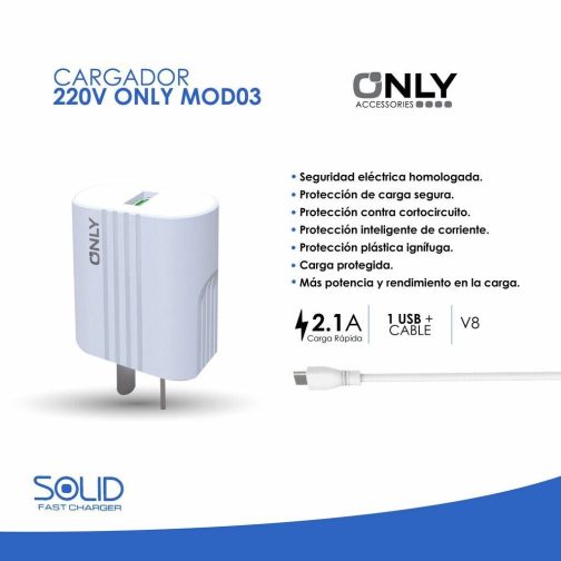 CARGADOR 220V ONLY MOD 03 - 2,1 A - 1 USB + CABLE V8 - BLANCO - Imagen 4