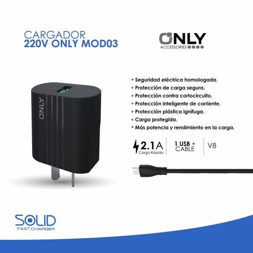 CARGADOR 220V ONLY MOD 03 - 2,1 A - 1 USB + CABLE V8 - NEGRO - Imagen 4