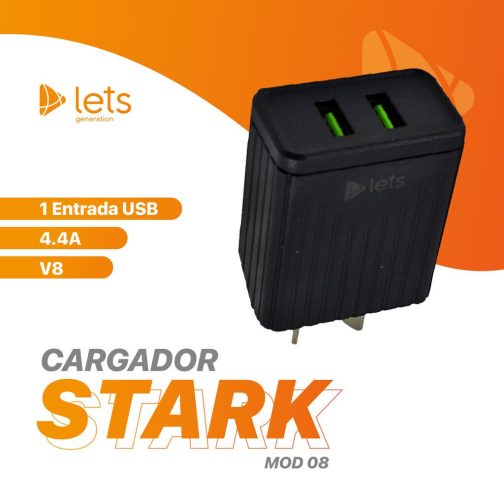 CARGADOR 220V LETS MOD08 - 4,4A - 2 USB + CABLE V8 - NEGRO - Imagen 4