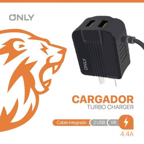 CARGADOR 220V ONLY MOD06 - 2 USB C/ CABLE V8 - NEGRO - Imagen 4