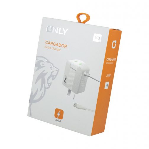 CARGADOR 220V ONLY MOD06 - 2 USB C/ CABLE V8 - BLANCO