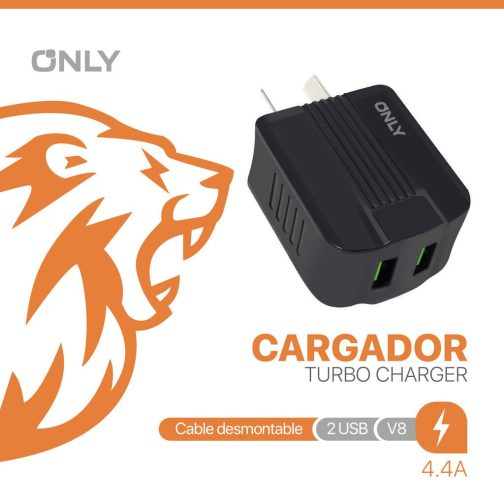 CARGADOR 220V ONLY MOD06 - 2 USB + CABLE V8 - NEGRO - Imagen 4