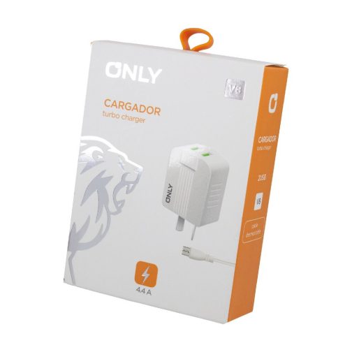 CARGADOR 220V ONLY MOD06 - 2 USB + CABLE V8 - BLANCO