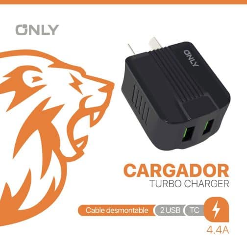 CARGADOR 220V ONLY MOD06 - 2 USB + CABLE TC - NEGRO - Imagen 4