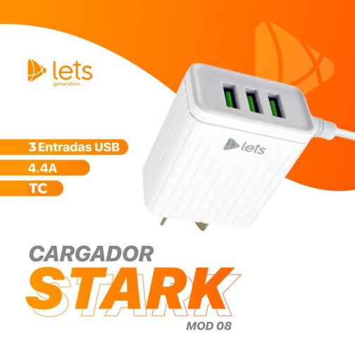 CARGADOR 220V LETS MOD08 - 4,4 A - 3 USB + CABLE TIPO C - BLANCO - Imagen 4