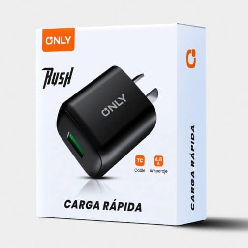 CARGADOR 220V MODO-018 4.8A - RUSH - 1USB + CABLE TIPO C - ONLY - NEGRO