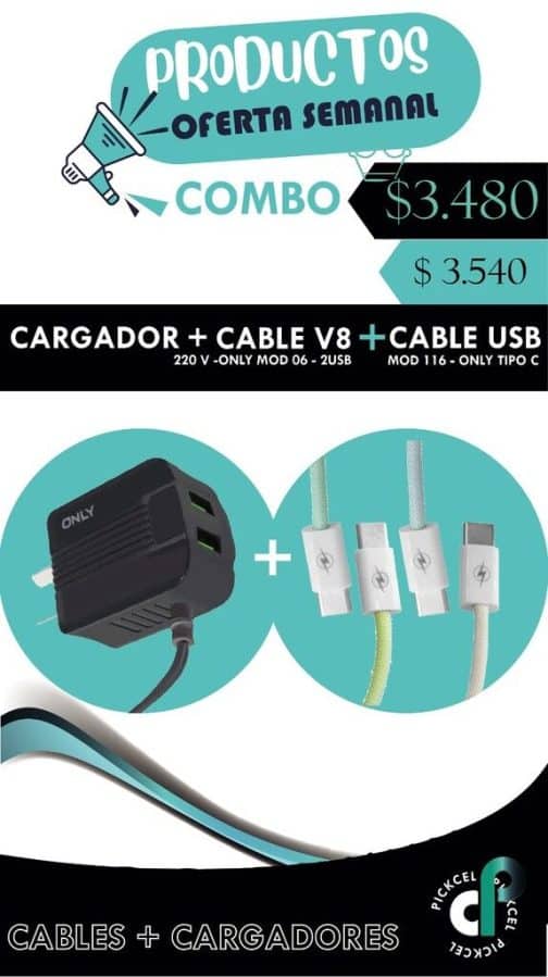 CARGADOR 220V ONLY MOD06 - 2 USB + CABLE V8 + SIMIL ORIG TIPO C