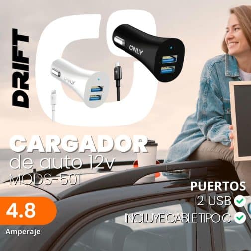 CARGADOR 12V DRIFT MODS-501 - 2 USB + CABLE TIPO C - ONLY - BLANCO - Imagen 3